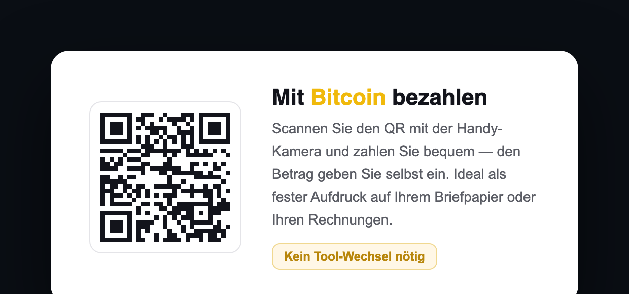 Fester Bezahl-QR f&uuml;rs Briefpapier &mdash; mit Bitcoin bezahlen